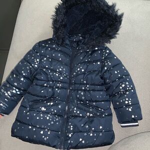 George 6-12 months puffer jacket navy with all over silver heart print.